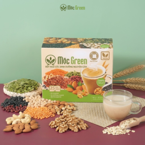 Sản phẩm Bột Ngũ Cốc Dinh Dưỡng Nguyên Cám Mộc Green dạng hộp 25 gói, dễ pha, thơm ngon, hỗ trợ bổ sung năng lượng cho lối sống healthy đã pha