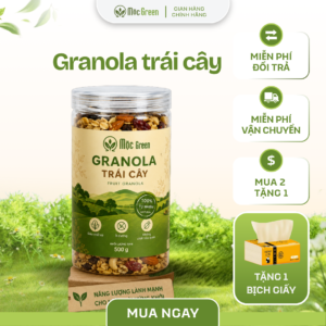 Granola Trái Cây Mộc Green kết hợp yến mạch nguyên cám, hạt dinh dưỡng và trái cây sấy tự nhiên, giàu chất xơ và protein thực vật.