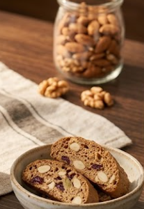 Đĩa bánh biscotti nguyên cám nướng giòn thơm ngon.