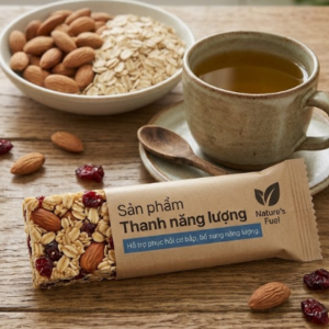 Thanh năng lượng energy bar dinh dưỡng đặt cạnh chén hạt và ly trà.
