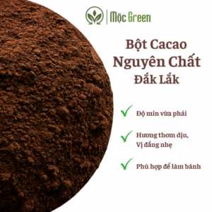 Bột cacao nguyên chất Đắk Lắk Mộc Green với hương thơm tự nhiên, phù hợp pha uống và làm bánh.