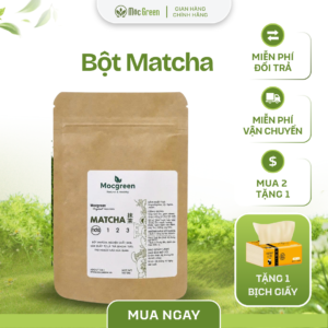 Hình ảnh bột Matcha Mocgreen nguyên chất 100% với màu xanh tự nhiên, bột siêu mịn, thích hợp pha Matcha Latte, trà Matcha, làm bánh và các món đồ uống healthy.