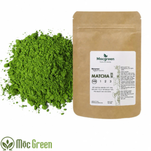 Bột matcha nguyên chất Mộc Green với màu xanh tự nhiên, phù hợp pha đồ uống và làm bánh.