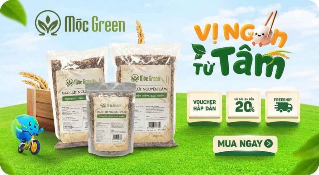 Ảnh bìa chiến dịch vị ngon từ tâm, sản phẩm gạo lứt nguyên cám Mộc Green